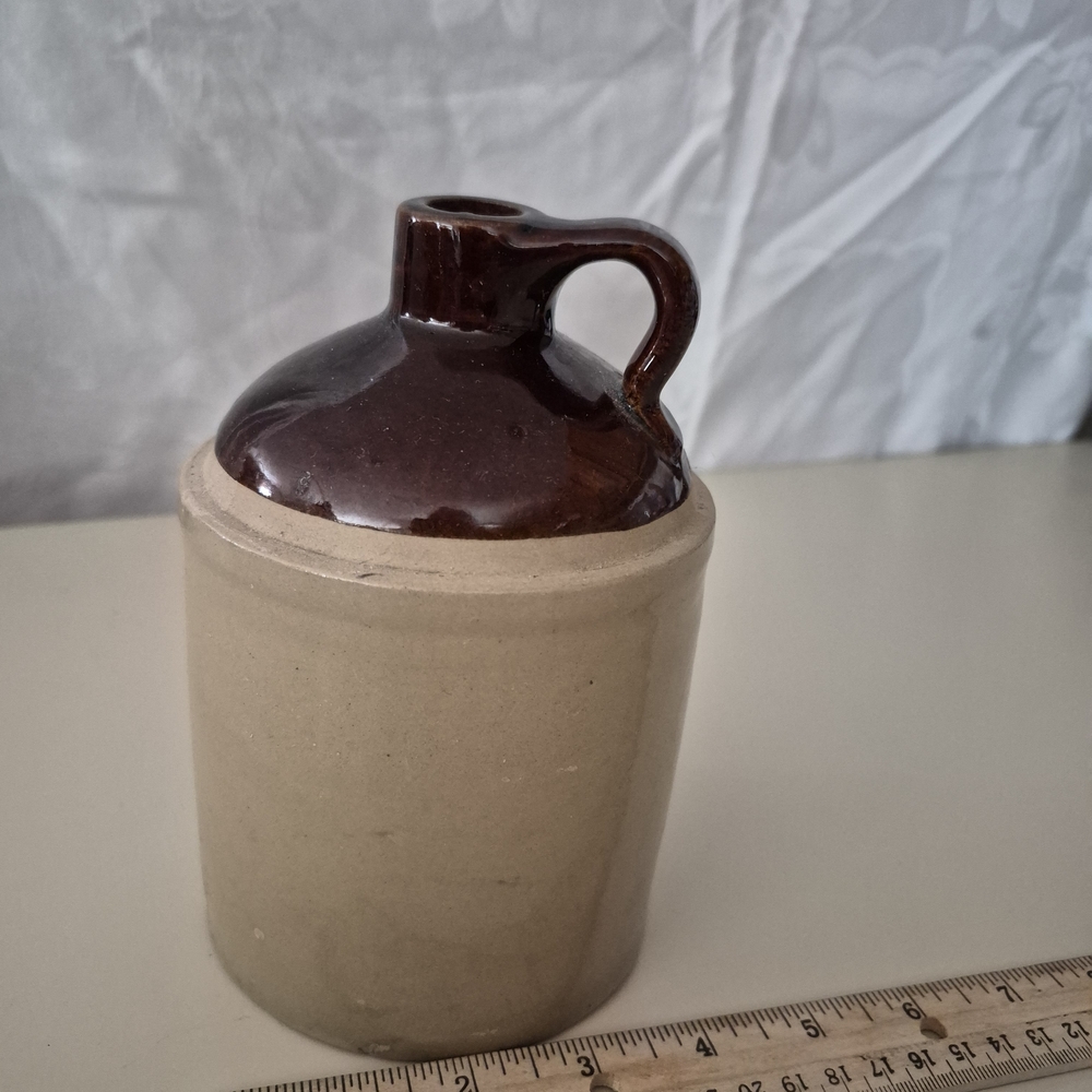 Vintage Stoneware Brown and Tan Moonshine Syrup Jug